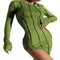 thumbnail image 2 of Femmes Y2k Été Bodycon Mini Robe Manches Longues Patchwork Couleur Unie Asymétrique Robe Vert M, 2 of 8