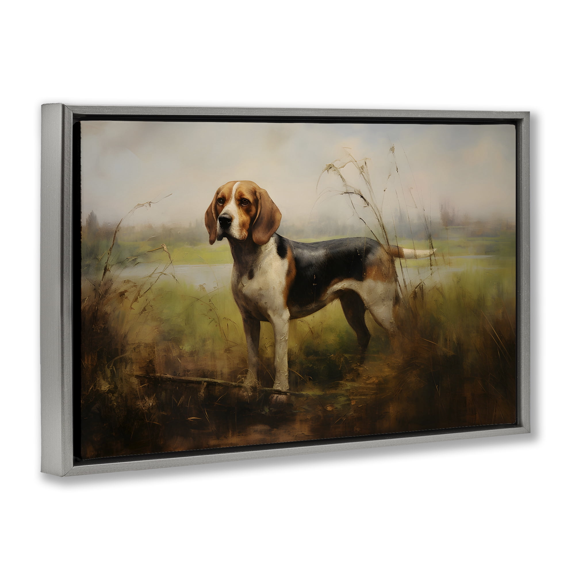 Stupell Industries Beagle Dog Rural Field Landscape Painting Gray Floater Framed Canvas Art Print Wall Art, 25 x 17