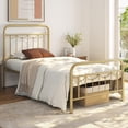 thumbnail image 3 of LInyy Twin Size Metal Bed Frames with Vintage Headboard and Footboard, Farmhouse Metal Platform Bed, Heavy Duty Steel Slat Support, Ample Under-Bed Storage, No Box Spring Needed, Antique Gold, 3 of 9