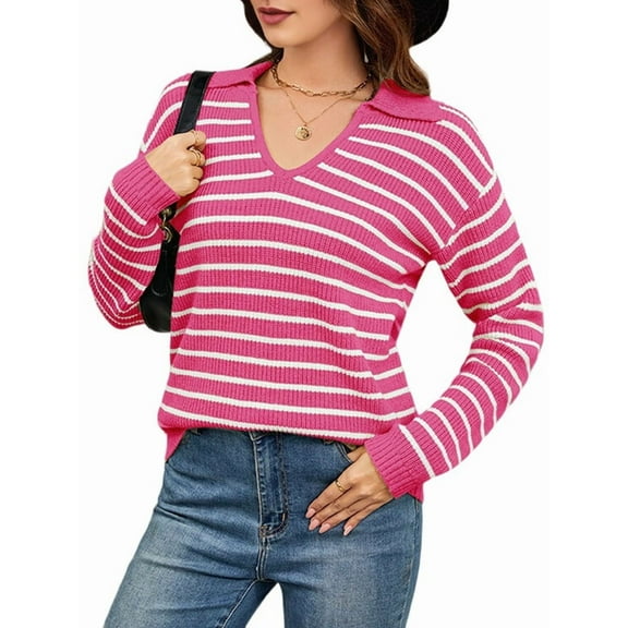 Womens Sweaters 2025 V Neck Long Sleeve Striped Tops Fall Winter Comfy Knit Clothes Pullover Sweater Pink & White M
