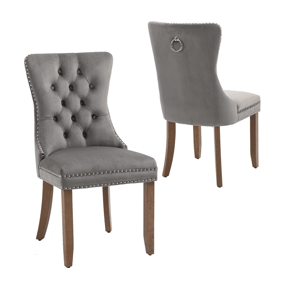 Contemporary Button Tufted Dining Chairs, High-end Velvet Upholstered Dining Chairs with Nailhead Back and Ring Pull Trim, Wood Dining Chairs for Living Room, Restaurant (Gray,Set of 2)