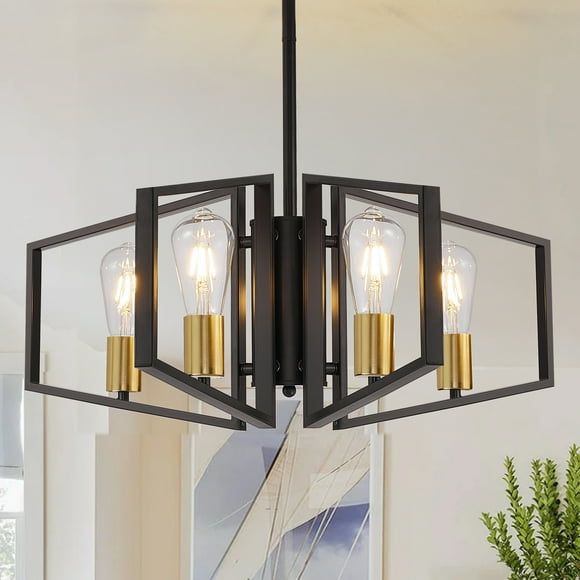 Lustre Champêtre Noir et Or à 4 Lumières, Luminaire de Salle à Manger, Lustre, Suspension Lanterne Géométrique