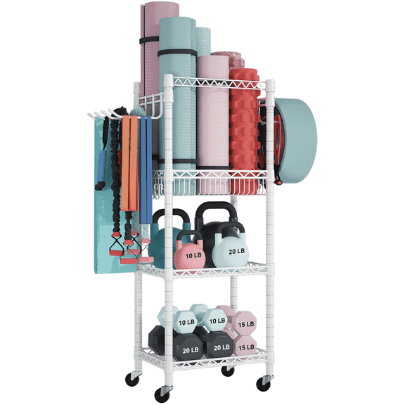 FUTASSI 3-Tier Rolling Home Gym Storage Rack, 47.2"H x 16.1"W x 11.8"D for Weights and Yoga Mats, White
