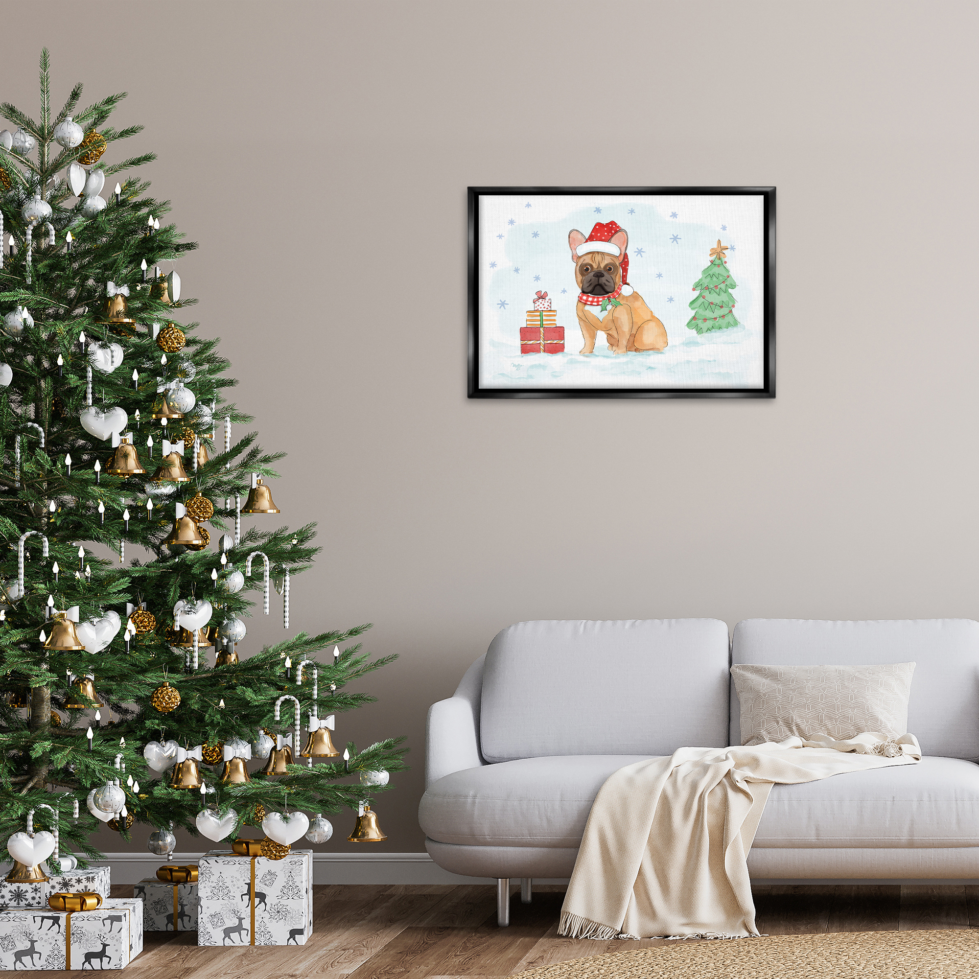 Stupell Industries Holiday Dog in Snow Holiday Painting Black Floater Framed Canvas Art Prints Wall Art, 31 x 21