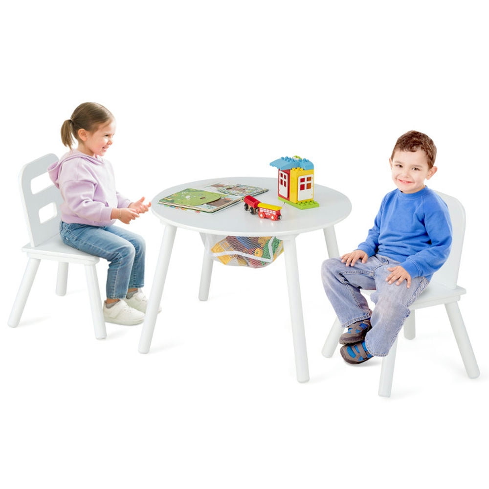 Kadyn Children Kids Table Chair Set,Children Playroom Table Chair Set,Wood Activity Kids Table and Chair Set with Center Mesh Storage-White