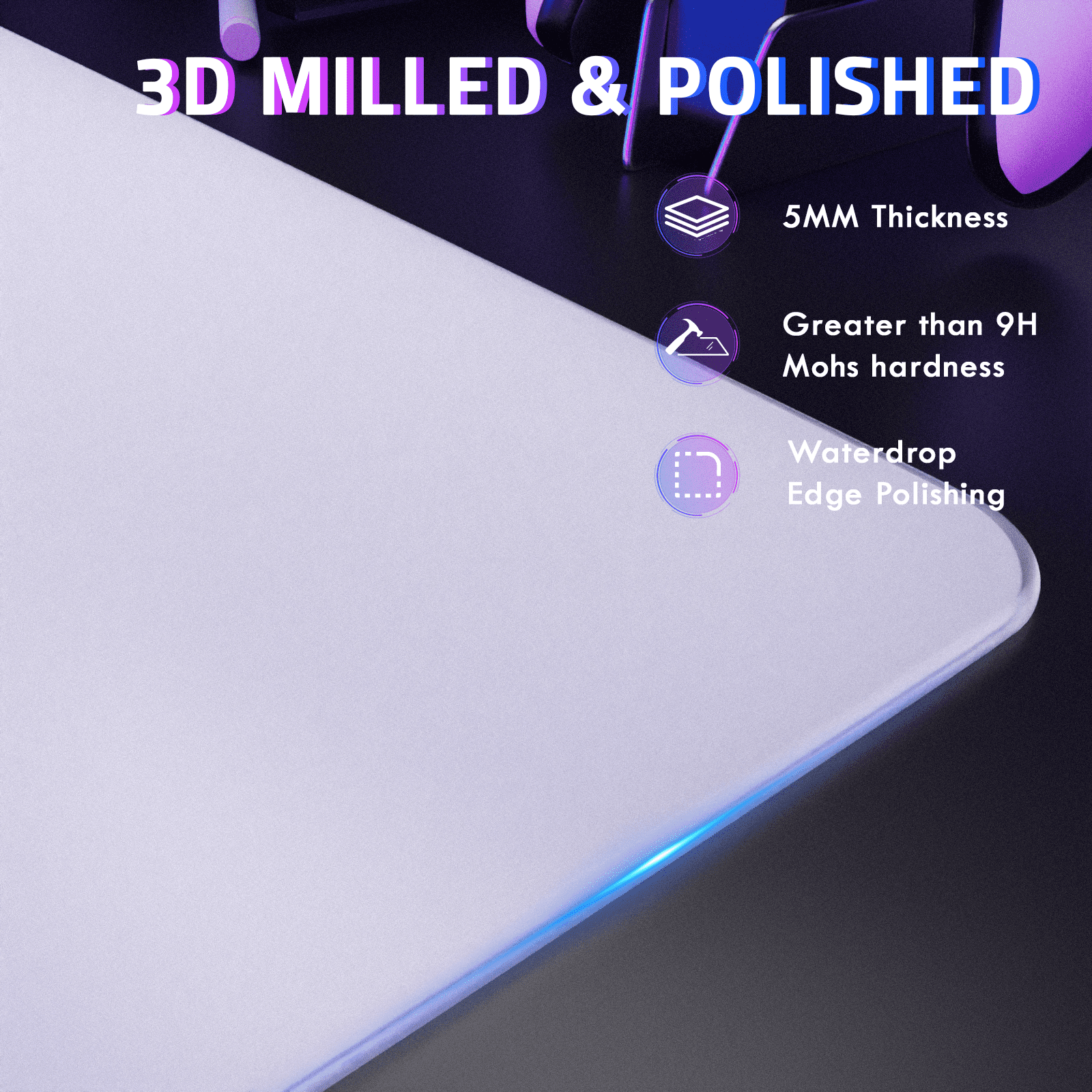 ATTACK SHARK CM05 SE Tempered Glass Mouse Pad, 16.1''×12.2'' Large Hard Gaming Mouse Pad, Nano-Etched Surface, 9H Anti-Scratch, Anti-Slip Base, White