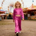 thumbnail image 2 of Kids Dance Sparkly Pink Dance Long Sleeve Crop Top and Flared Pants Outfit Set Girls Disco Outfit Dance Performance Outerwear, 2 of 5