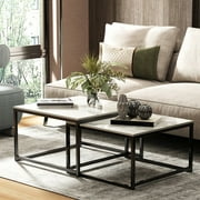 Wisfor Set of 2 Square Coffee Tables Living Room Nesting End Side Tables, White Stoned Top, Metal Frame