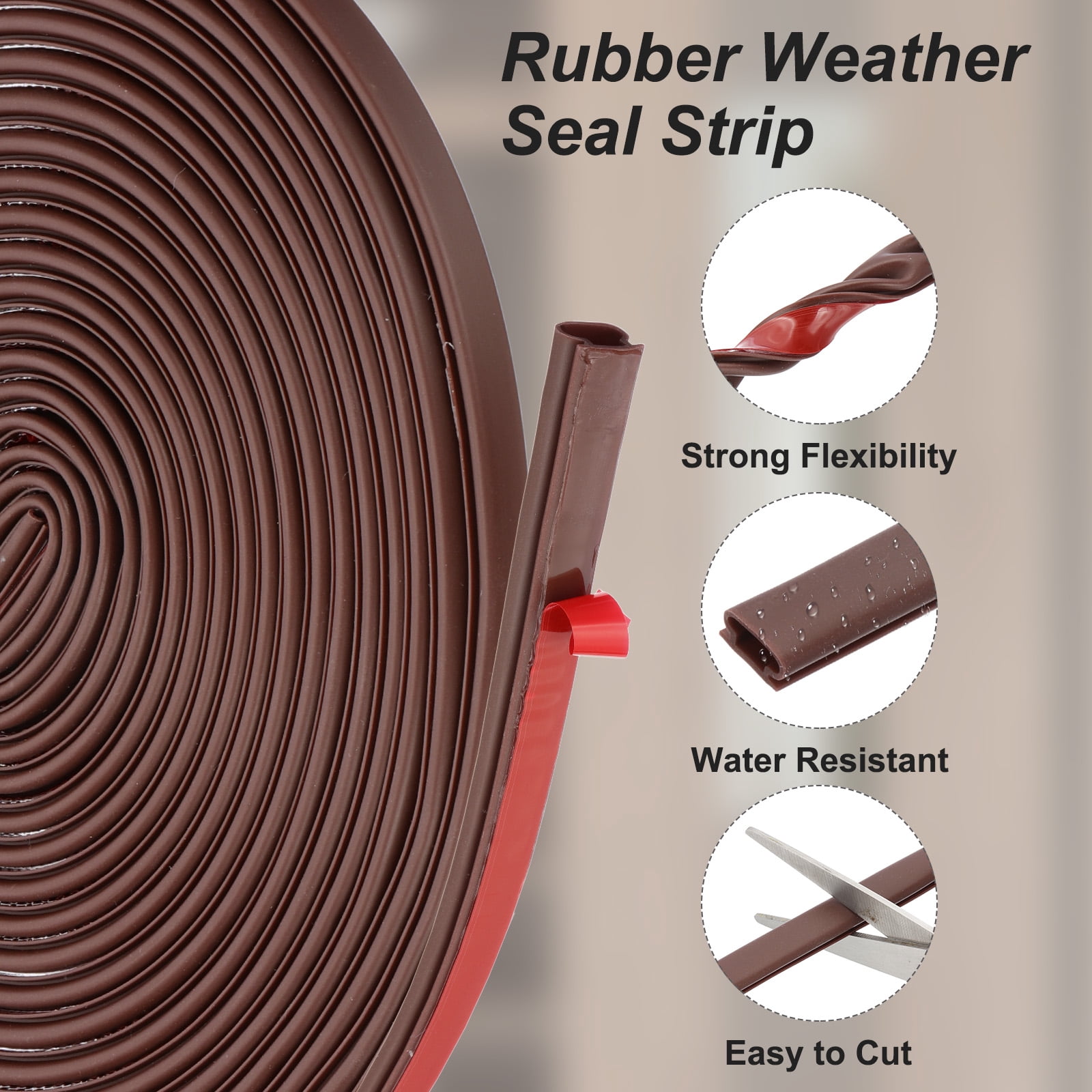 Rubber Weather Stripping Door Seal Strip 39 Feet, Self-Adhesive Door Insulation Weather Strip Brown