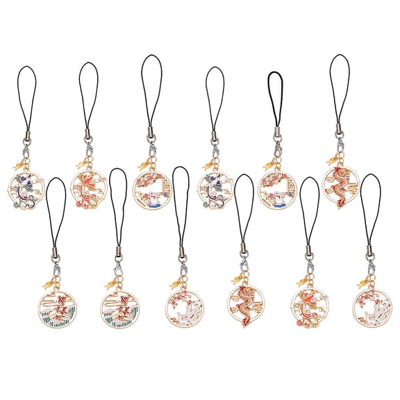 12pcs Chinese Style Phone Charms 6 Styles Enamel Mobile Phone Straps Dragon Lanyard Charms Hanging Accessories