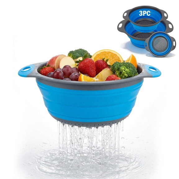 Collapsible Colander 3-Pack Set, Foldable Kitchen Strainer with Non-Slip Base, Thickened PP TPE Space-Saving Strainer for Pasta, Vegetables, Fruits