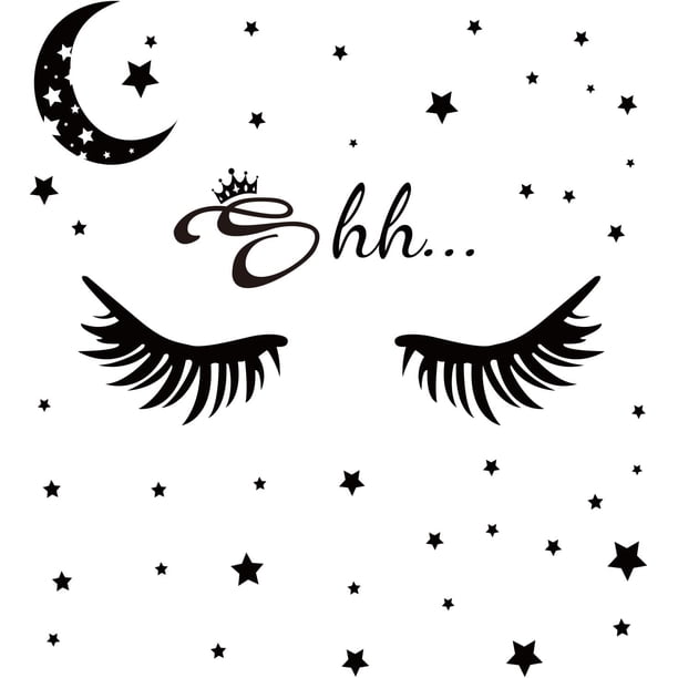 Pegatinas de pared de PVC con diseño de pestañas, estrellas y luna. ¡Shhh! Vinilo decorativo para la habitación de los más pequeños, color negro, 71 x 38 cm.