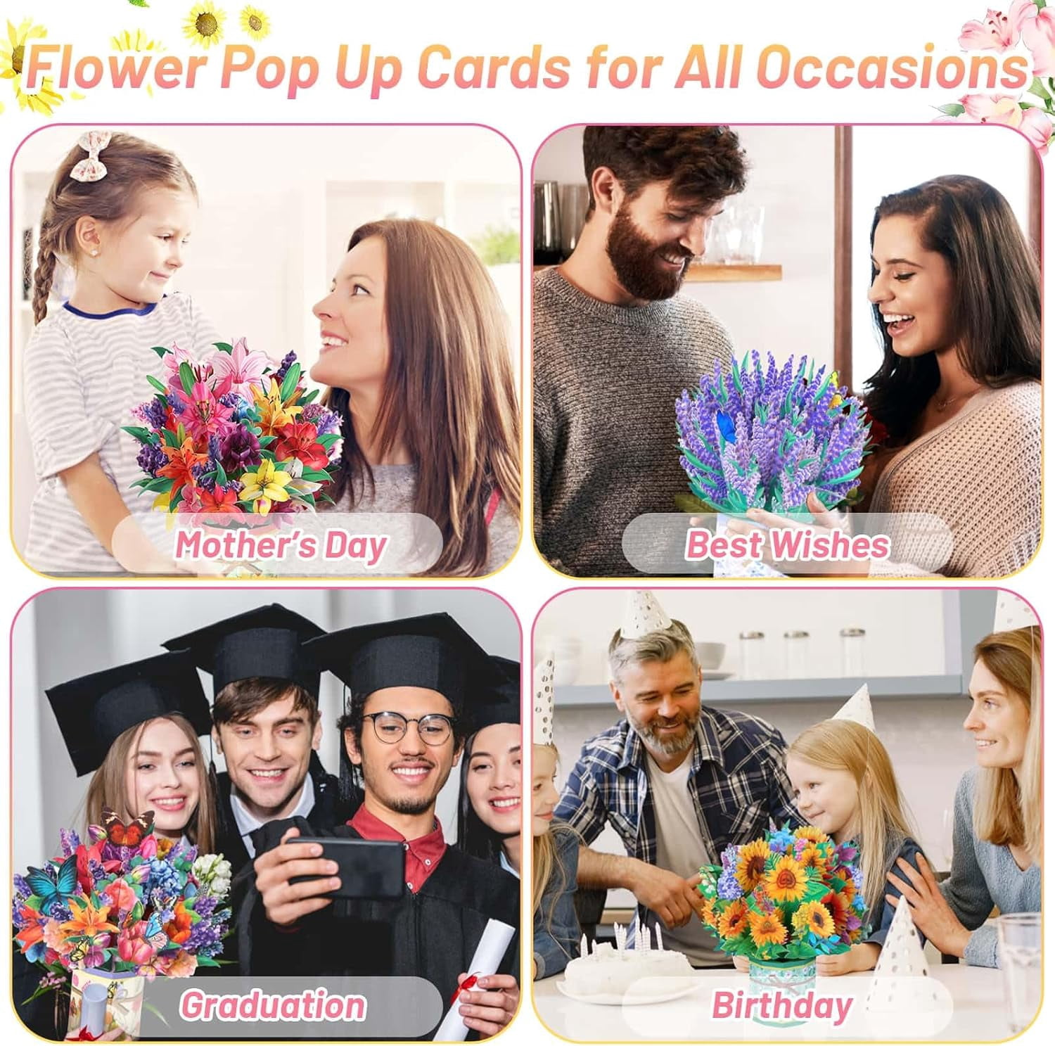 4 Pack 3D Paper Flower Pop Up Cards, Flower Bouquet Card Popup 3D Greeting Cards for Mother's Day, Graduation, Anniversary, Birthday, Congratulations, Get Well, Home Decor, with Envelope