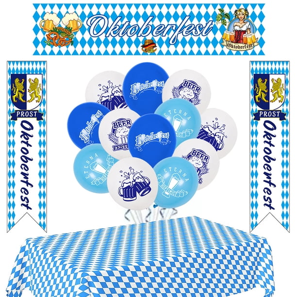 Conjunto de decoración de Oktoberfest, decoración bávara de Wiesn: 18 globos de Oktoberfest, 1 camino de mesa, banderín bávaro de 10M y 12 adornos para pasteles, decoración de fiesta de Okto JFHHH pequeña