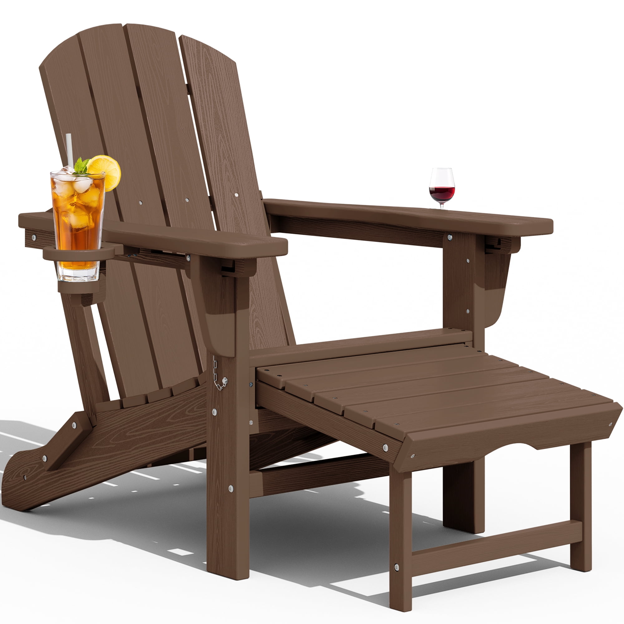KINGYES Folding Adjustable Adirondack Chair with Retractable Ottoman Set of 2 for Patio Garden, Brown