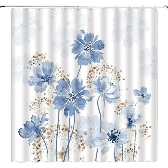 Rideau de Douche Bleu à Motif Floral Aquarelle Fleur Pissenlit Plante Botanique Bohème Nature Fleur Sauvage Magnifique Extra Long Décoration de Salle de Bain avec Crochets,71 Pouces L X 84 Pouces H