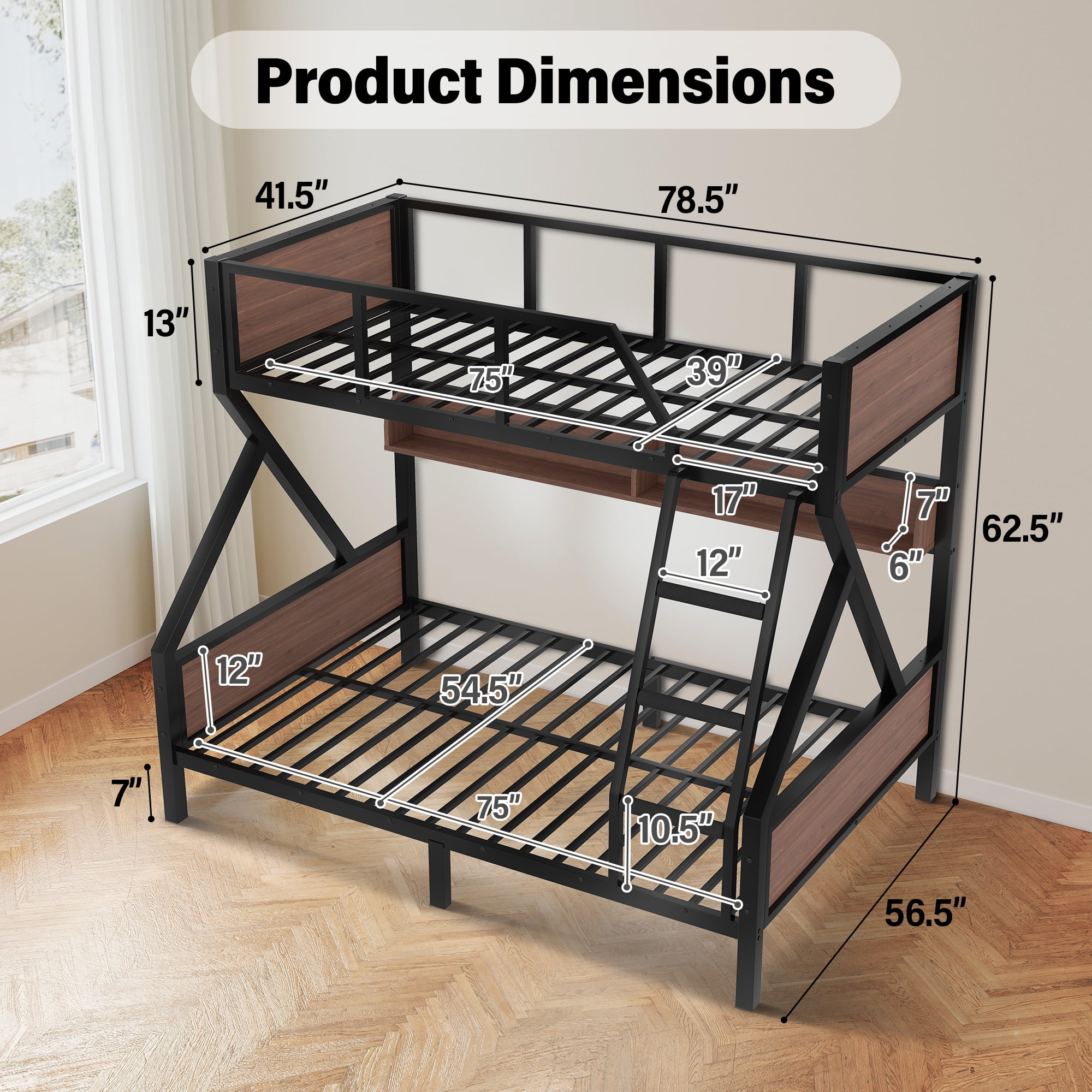 Aukfa Heavy-Duty Twin Over Full Bunk Bed with LED Lights & Storage Shelves, Metal Frame with Guardrails for Kids Teens Adults, Black
