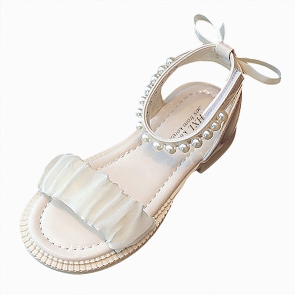 Ymyiu Girls Sandals Girls Sandals Low Heels Ankle Strap Cute Heart Bow Design Flower Girls Party Dress Shoes for Little and Big Kid Size 2 (Beige,Big Kids 2)