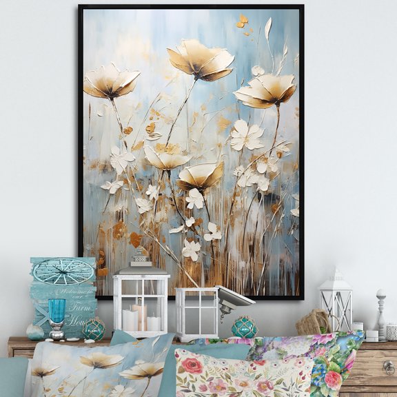 Designart "Whispering Gardens Of Beige Wildflowers" Wildflowers Floater Framed Wall Art Prints