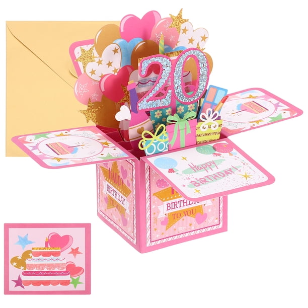 Tarjeta de cumpleaños 20 de Uxcell, tarjeta de cumpleaños emergente con tarjeta de saludo y sobre para mujeres, amigas, color rosa