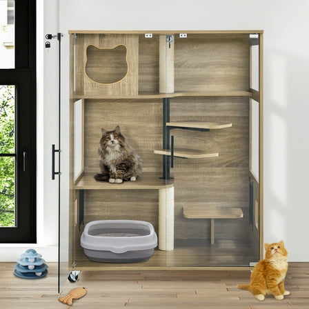Lovupet Indoor Luxury Wooden Cat House Condo with Scratching Posts, Lockable Wheels, Escape Door