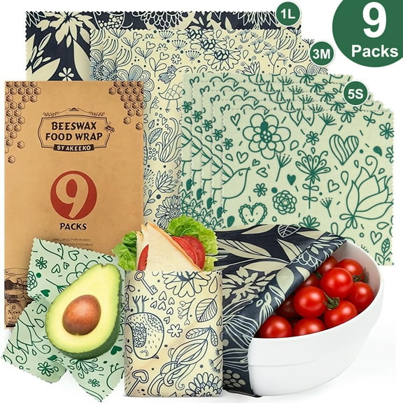 Fabulas Reusable Beeswax Wraps for Food, 9 Pack Beeswax Wrap Organic, Sustainable, Biodegradable, Zero Waste, Plastic-Free Food Storage, 5 Small, 3 Medium, 1 Large Wraps with Flowers Patterns