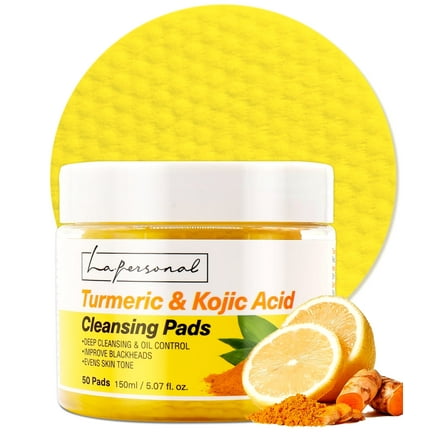 LA.PERSONAL Turmeric Kojic Acid Cleansing Pads - 3-in-1 Pore Cleanser, Makeup Remover, Exfoliator for Face and Body - 50 Pads