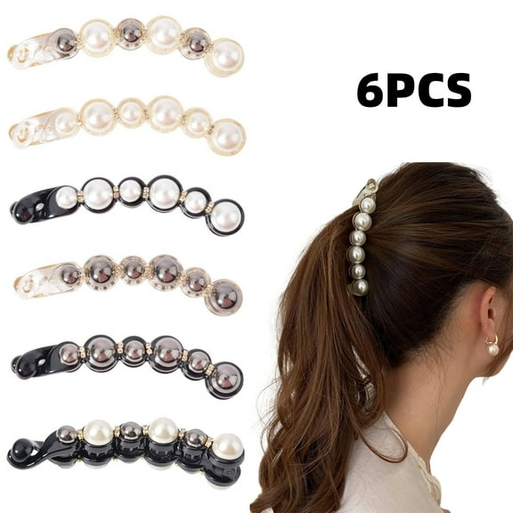 Pearl Hair Accessories Set (6 PCS) - Ponytail Holders, Barrettes with Rhinestones, Clips for Thick and Fine Hair in Women