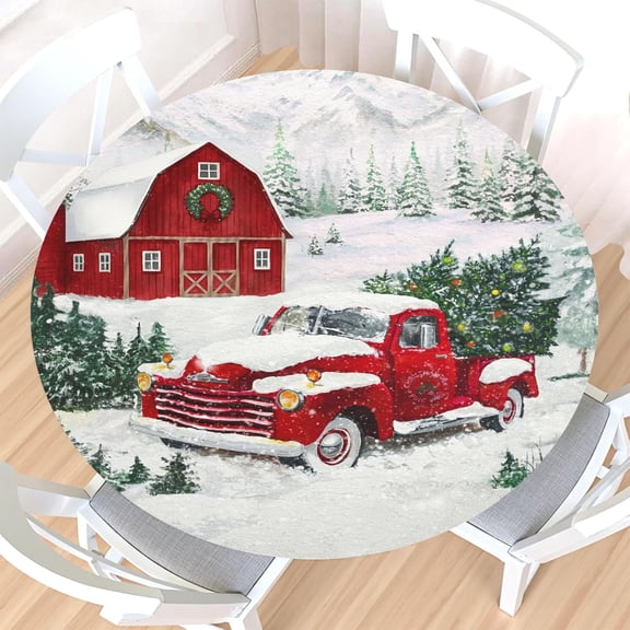 Christmas Round Fitted Tablecloth with Elastic Edge,Water-Resistant Wipeable Winter Snow Red Truck Farmhouse Xmas Tree Table Cover for 40-44" Stretch Table Cloth for Dinner Indoor Outdoor Party