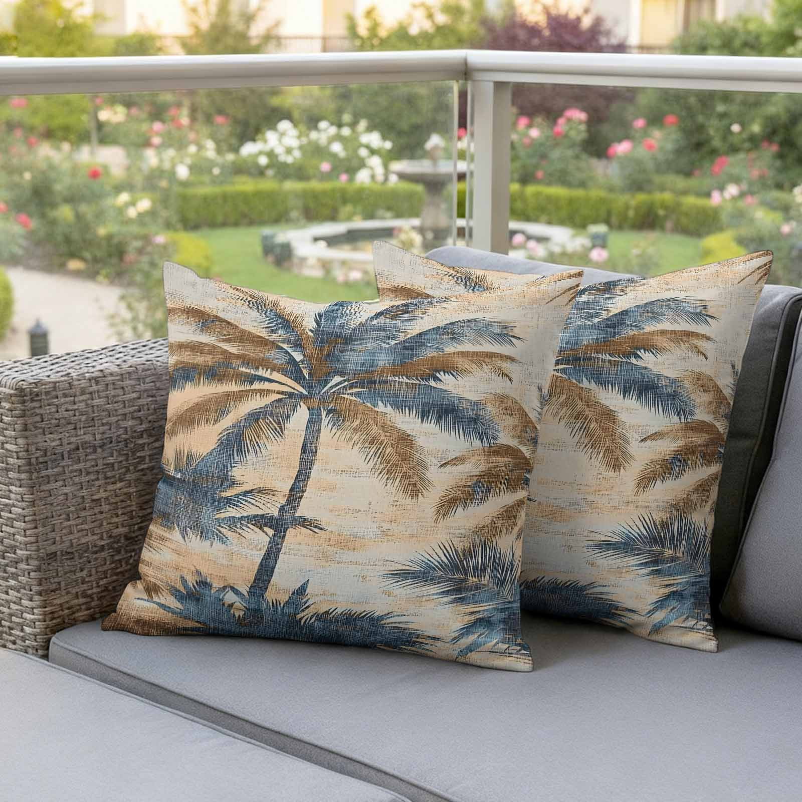 Retro Palm Leaf Outdoor Pillow Covers 20"x20" Set of 2, Brown Blue Tropical Plant Waterproof Throw Pillow Covers for Patio Furniture, Decorative Cushion Covers for Porch