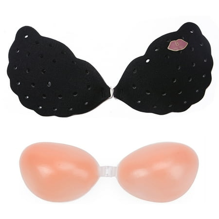 LELINTA 2 Pcs/Set Women s Strapless Push Up Invisible Sticky Bra Silicone Reusable Self Adhesive Backless Bra for Dress Halter  Beige/ Black