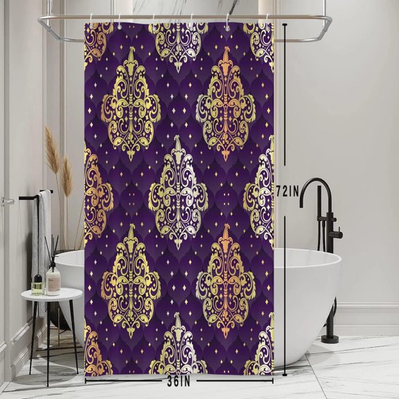 Damask Print Shower Curtains Abstract Purple and Gold Damask Floral Pattern Design Bathroom Decor Waterproof Polyester Fabric 36x72 Inch Shower Curtains Sets with Hooks