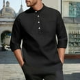 thumbnail image 2 of WTOBBY Men's 3/4 Sleeve Shirt Stand Collar Casual Loose Fit Pocket Breathable Solid Color Summer Resort Wear Button Front Lightweight Travel Top,Black L, 2 of 4