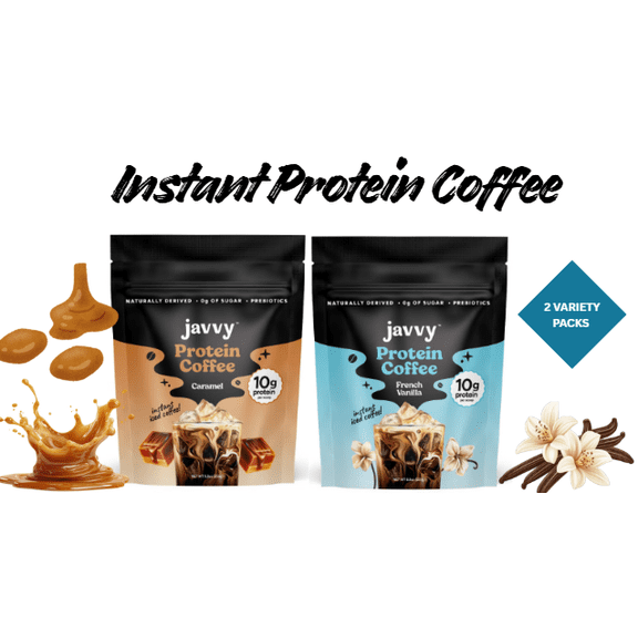 Javvy Protein Instant Coffee Variety Pack, Caramel & French Vanilla, 2-Pack (9 oz & 8.9 oz)