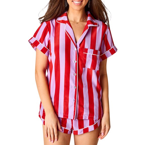 Michellecmm Women’s 2 Piece Pajamas Set Contrast Color Stripes Shirt Shorts Set