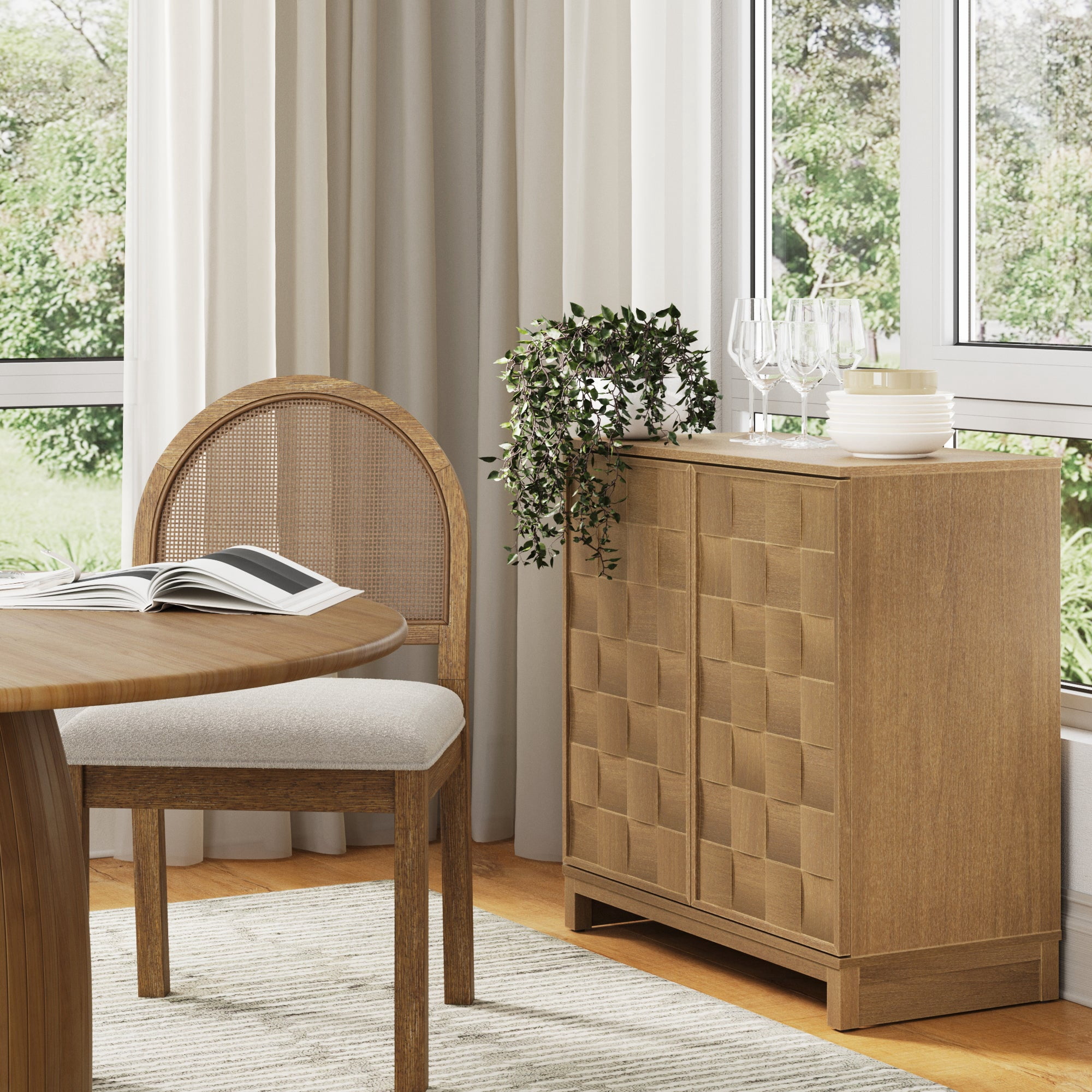 Nathan James Paige Mid Century Modern Bar Cabinet Credenza, Light Wood Accent Cabinet with Sculpted Doors and Interior Adjustable Shelf, Light Brown