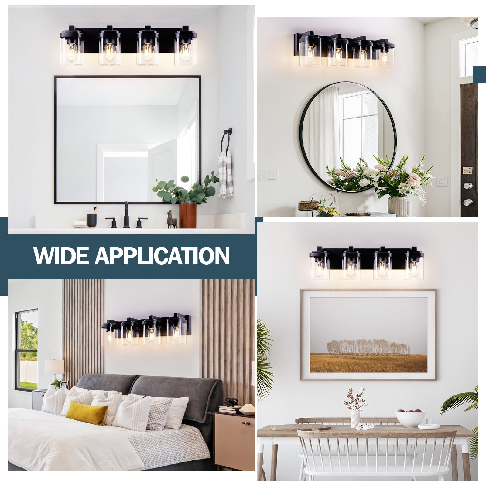 4-Light Black Bathroom Vanity Light, Modern Vanity Lighting Fixture for Bathroom, 24.09" Matte Light Fixture, Wall Sconces with Clear Glass Shade, Black Bathroom Wall Light Over Mirror