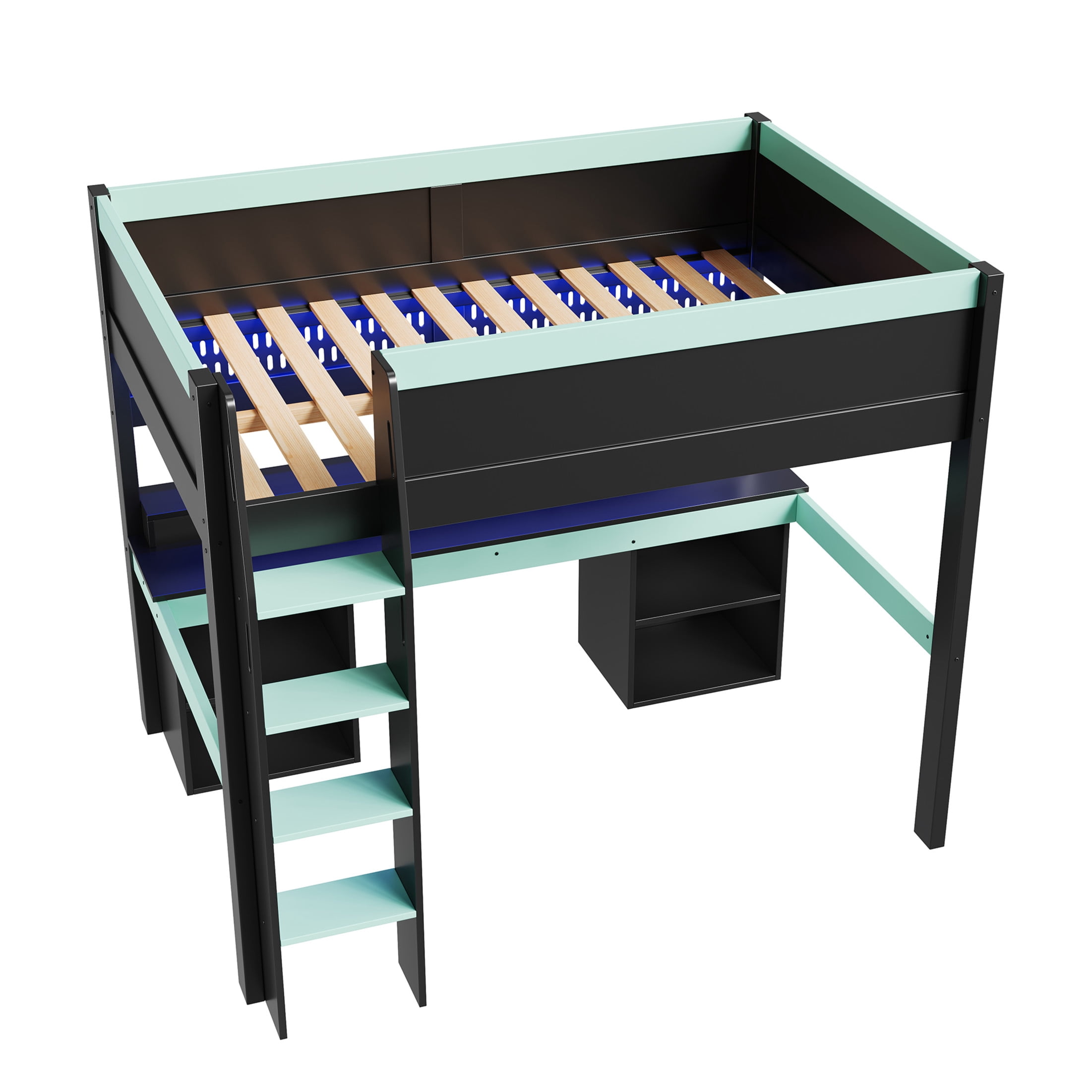 Noble House Dalmor Full Size Loft Bed with Multi-Color LED Lights, Detachable Pegboard & Gaming Desk, Black & Blue