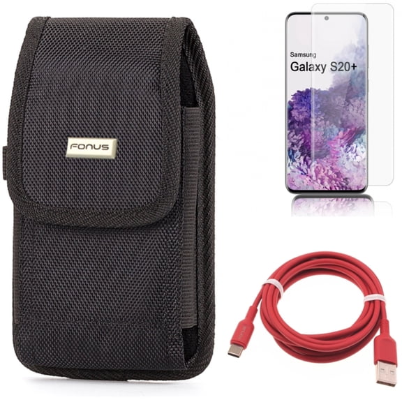 6ft USB-C Cable w Case Belt Clip w Screen Protector for Samsung Galaxy S20 Plus - Red Charger Cord Power, Rugged Holster Canvas, Tempered Glass [Fingerprint Unlock] 3D Curved fits Galaxy S20 Plus