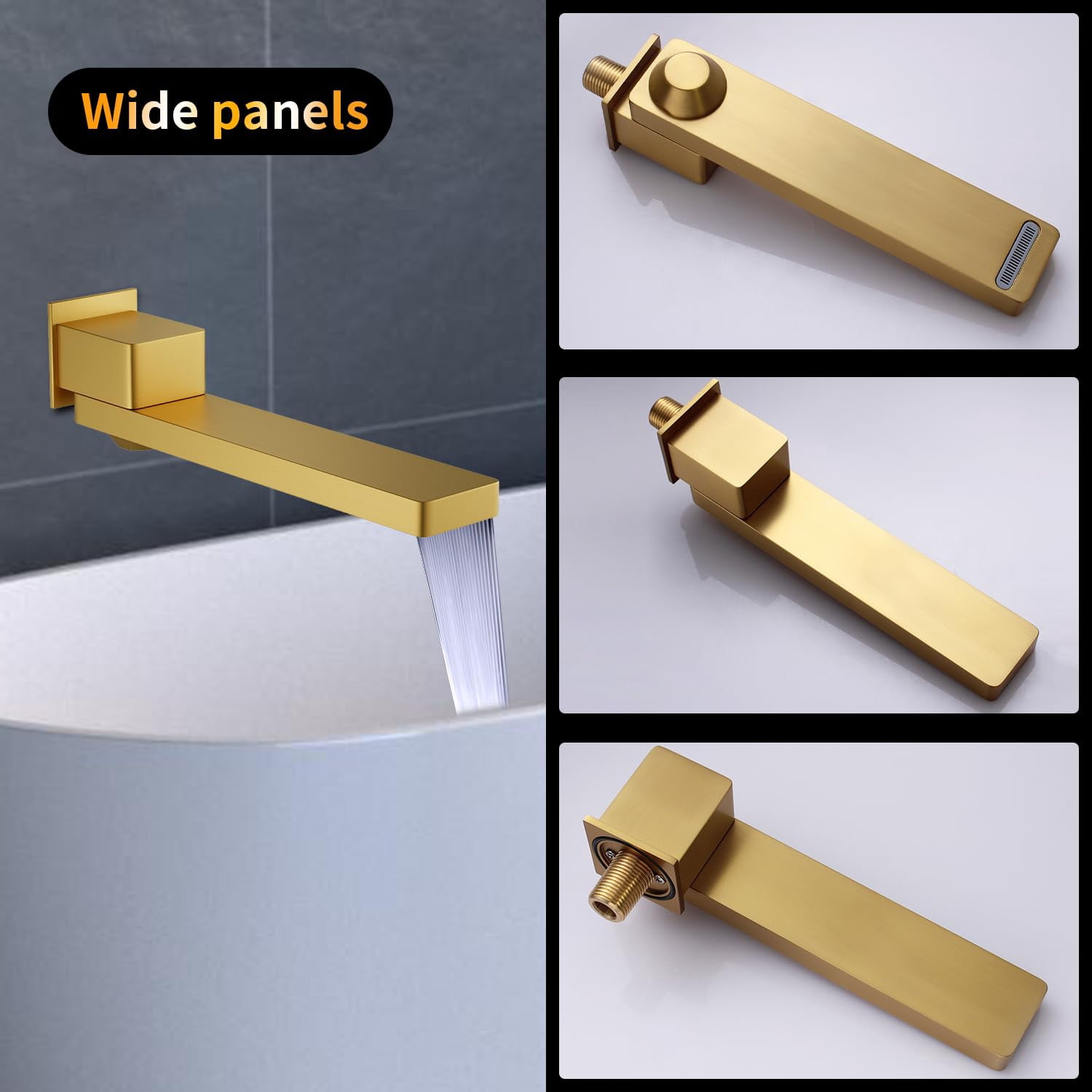 Brushed Gold Waterfall Tub Faucet Spout, Wall Mount 180-Degree Swivel for Bathtub