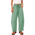 thumbnail image 2 of Mifsaly Plaid Barrel Pants Women Elastic Waist Drawstring Lounge Trousers Lightweight Flowy Relaxed Fit Casual Vacation Cotton Linen Bottoms with Pockets Army Green,L, 2 of 7