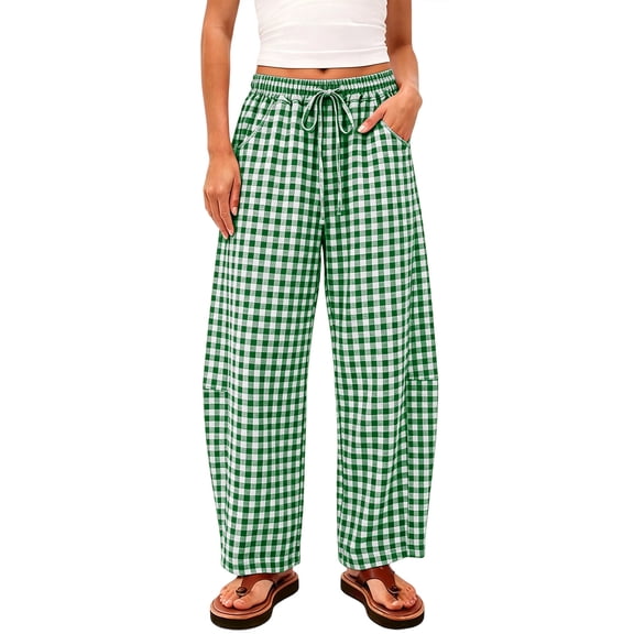 Inleife Women's Gingham Checkered Relaxed Pants Drawstring Elastic Waist Lounge Trousers with Pockets