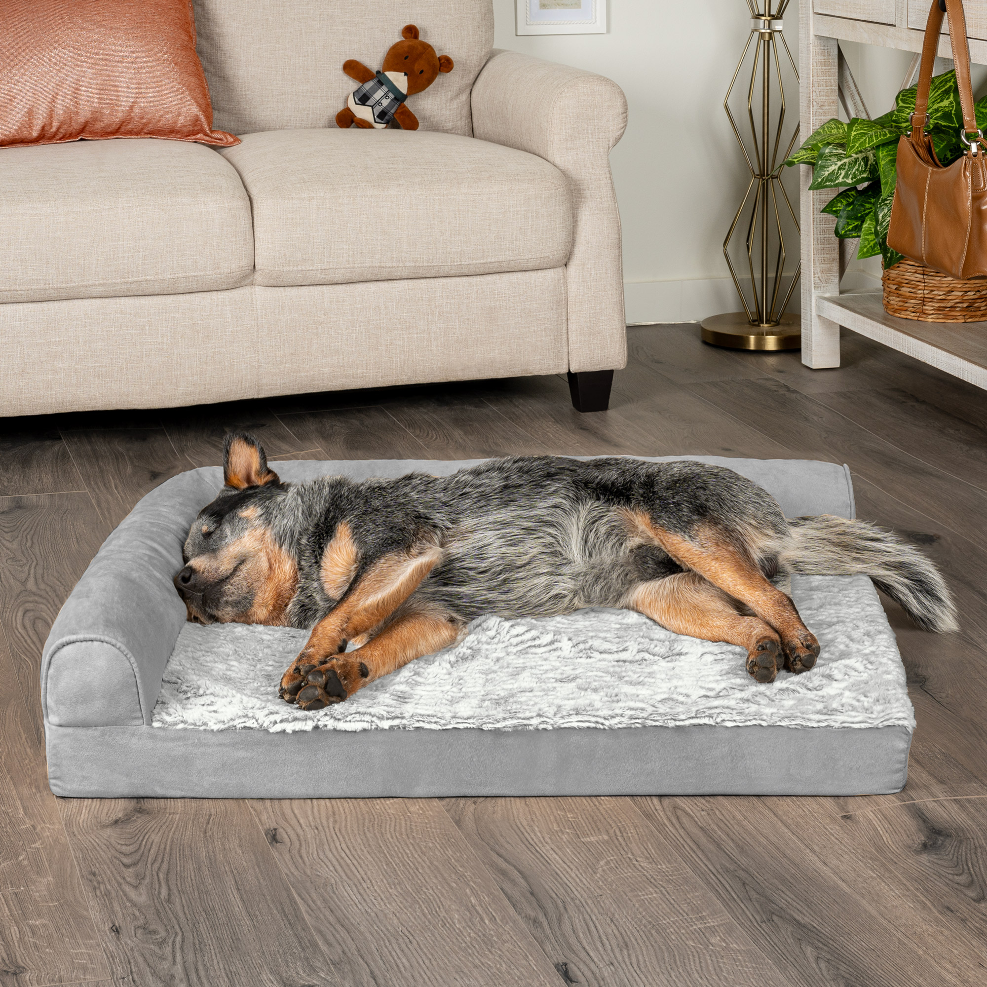 FurHaven Embossed Faux Fur & Suede Orthopedic L-Chaise Pet Bed, Gray, Large photo 6