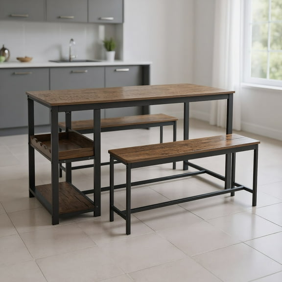 GVN 3 Pieces Dining Table Set for 4 with Wine Rack-Brown