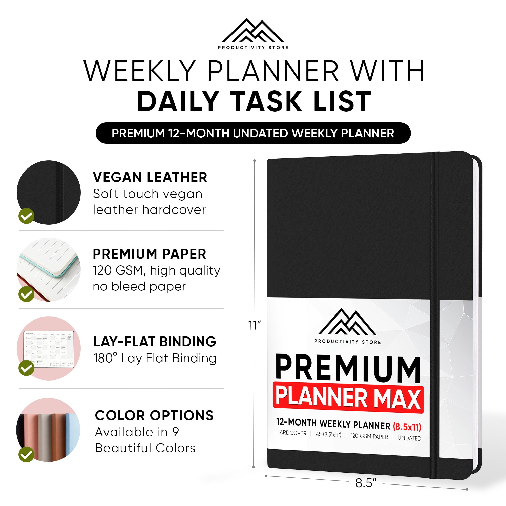 Productivity Store 2024 Planner 8.5 x 11 Pro Max - Undated 12 Month Calendar 2024 Planner - Monthly Planner, Weekly Planner & Daily Planner 2024-2025 - Black - A4