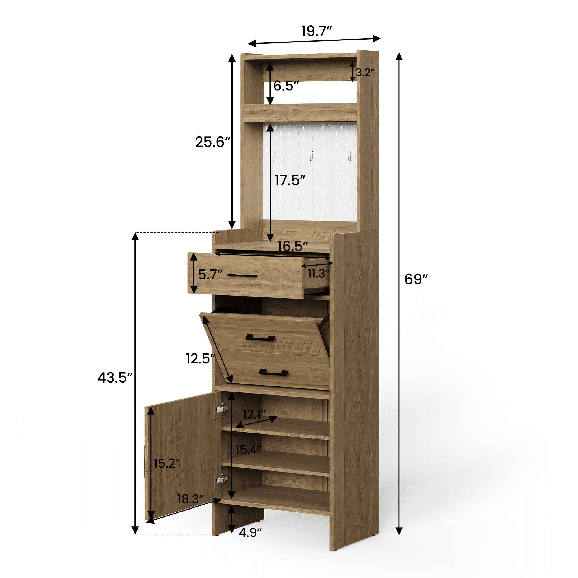 Mintazer 69" Tall Entryway Shoe Storage Cabinet with Flip Drawer, 5-in-1 Hallway Organizer with Pegboard & Adjustable Shoe Closet, Brown