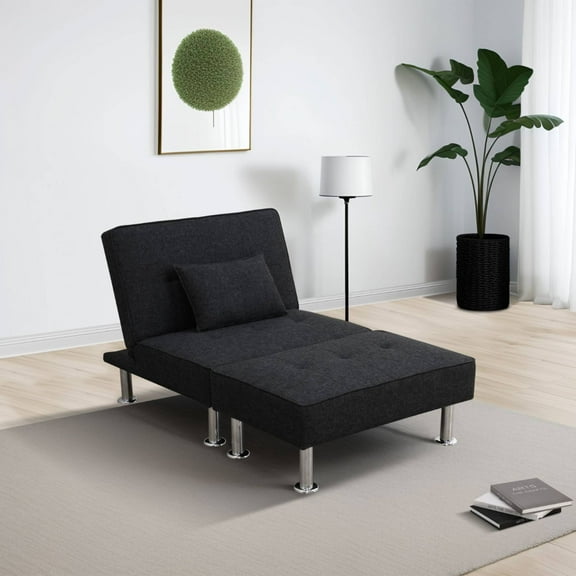 Multi-Function Single Sofa Bed Breathable Linen Futon Couch Bed with Adjustable Backrest Modern Convertible Chair for Living Room Apartment, Black