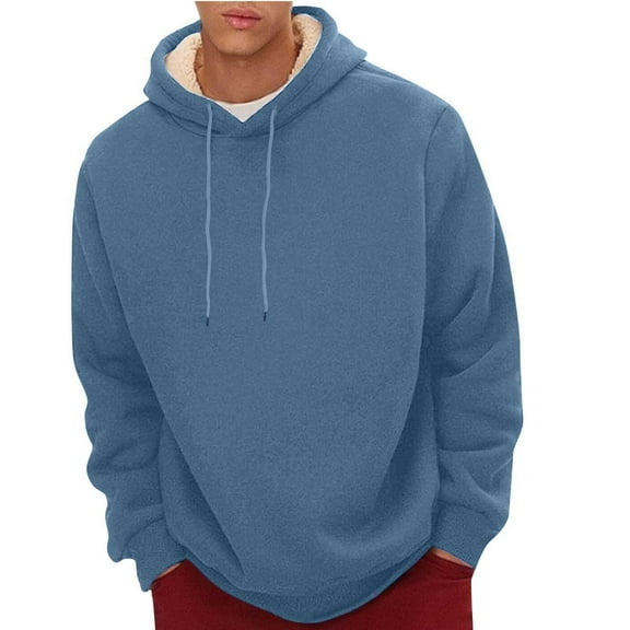 Men's Casual Fleece Sherpa Lined Drawstring Hoodie Winter Warm Pullover Hooded Sweatshirt Blue XL
