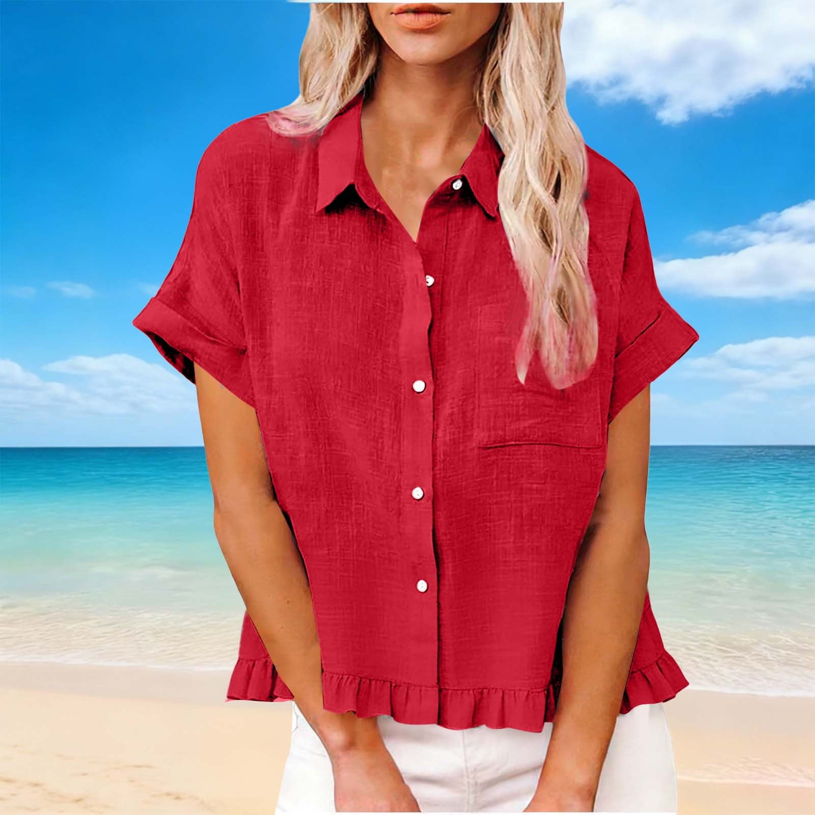 Women's Clothing Summer Tops Fashion Spring Clothing Fabric Solid Color Front Pocket Hem Fringe Short Sleeve Flared Collar Top