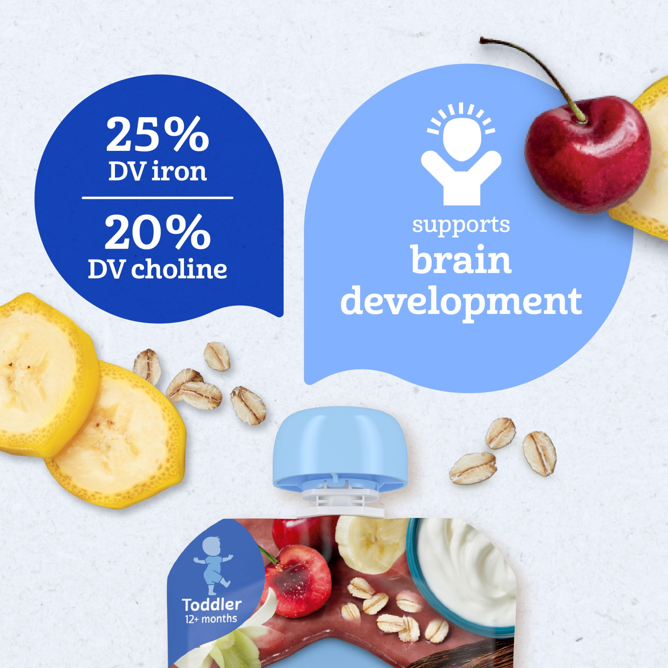 Gerber Toddler Food with 25% DV Iron, Cherry Banana Vanilla Puree Pouch, Fruit Yogurt & Whole Grain 3.5 oz